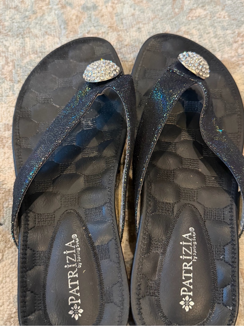 Spring Step Sparkle Black Thong Sandals with Crystal Accent